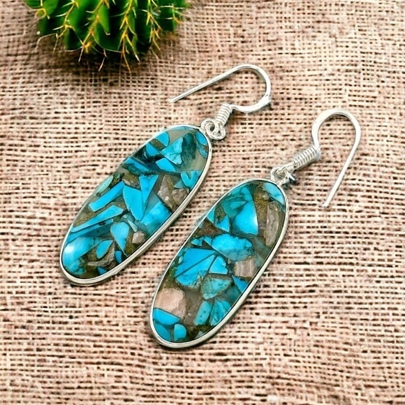 Healing Stones And Crystals Jewelry - Turquoise Copper Silver 925 Handmade Statement Drop Earrings